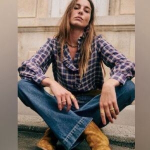 Sezane - Chloe Linen Plaid Ruffle Collar Women's Top